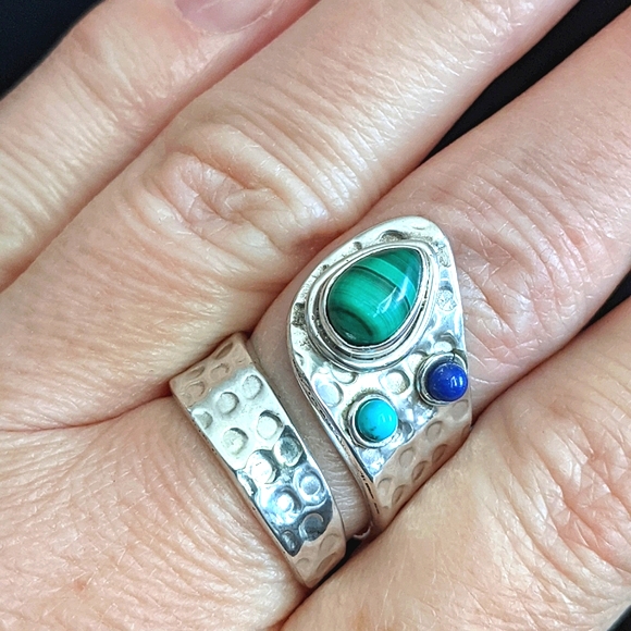Malachite, Turquoise & Lapis .925 Silver, Adjustable Ring - Picture 2 of 6